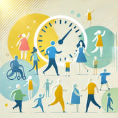 Illustration showing people of different ages and stages of life with a clock in the background, symbolizing weight loss strategies tailored by age.