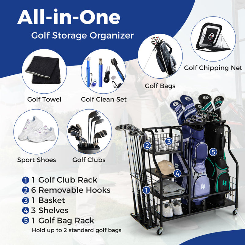 Golf Bag Organizer for 2 Golf Bags with Golf Clubs Rack and Lockable Wheels