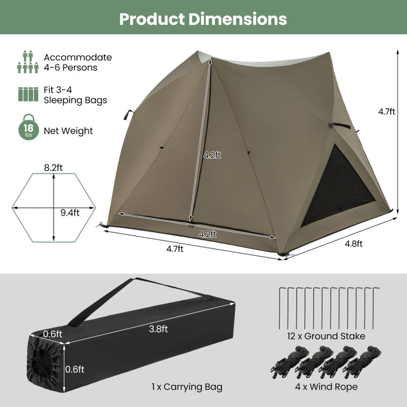 6-Sided Pop-Up Family Tent with Rainfly Skylight 3 Doors and Windows