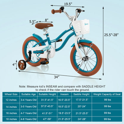 12/14/16/18 Inch Kids Bike Adjustable with Removable Basket Ages 3-8