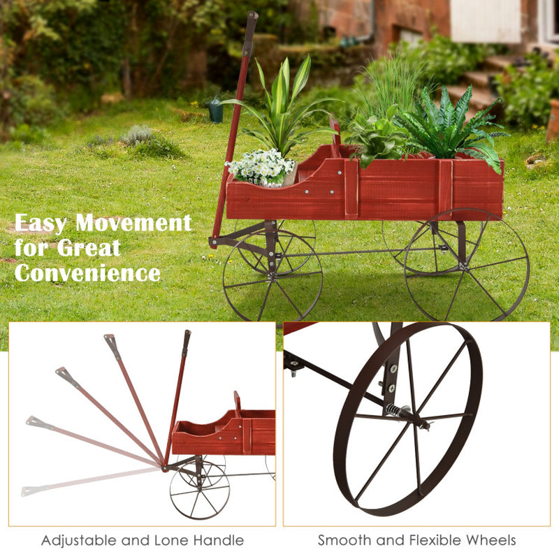 Wooden Wagon Plant Bed with Metal Wheels for Garden Yard Patio