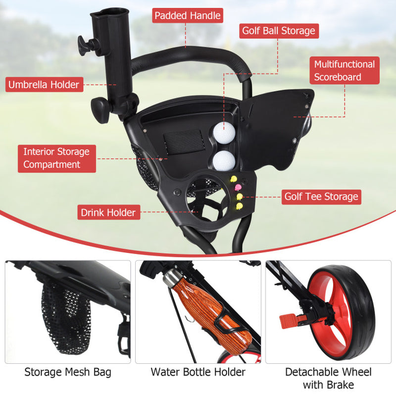 3 Wheel Folding Push Pull Golf Trolley with Scoreboard Bag