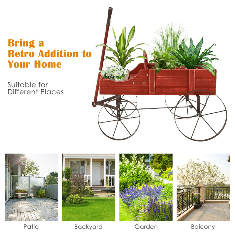 Wooden Wagon Plant Bed with Metal Wheels for Garden Yard Patio