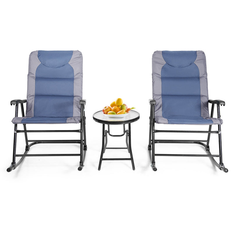 3 Pieces Outdoor Folding Rocking Chair Table Set with Cushion