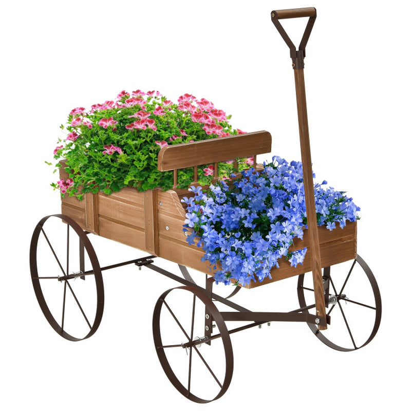 Wooden Wagon Plant Bed with Metal Wheels for Garden Yard Patio