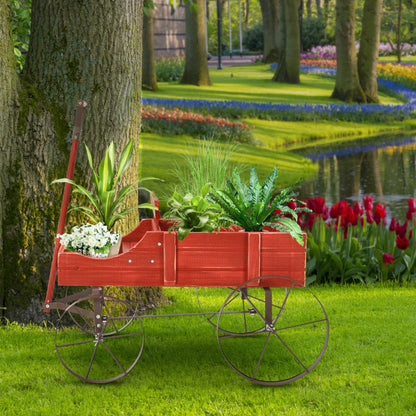 Wooden Wagon Plant Bed with Metal Wheels for Garden Yard Patio