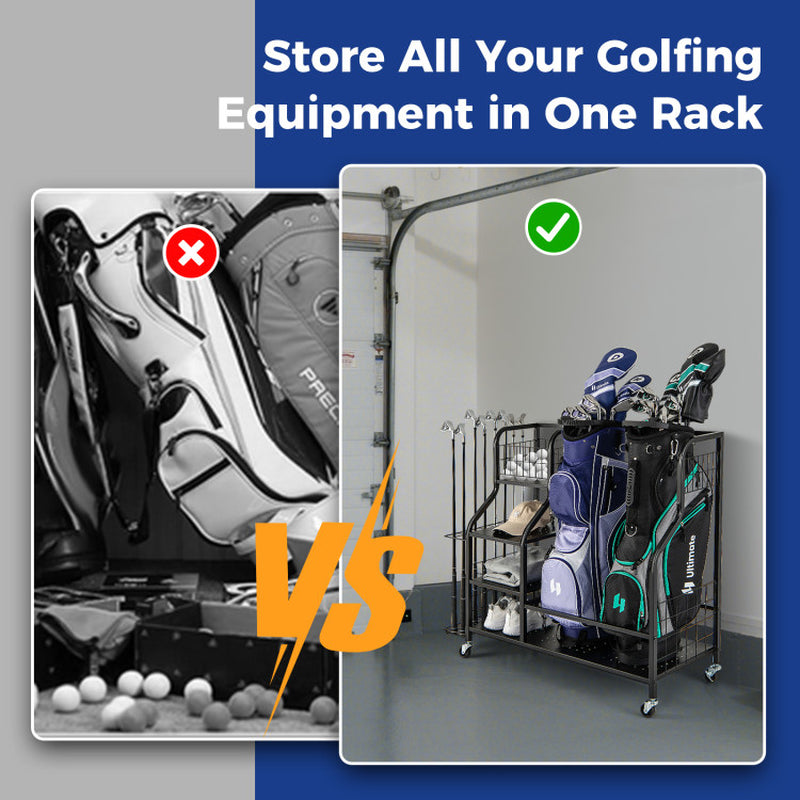 Golf Bag Organizer for 2 Golf Bags with Golf Clubs Rack and Lockable Wheels