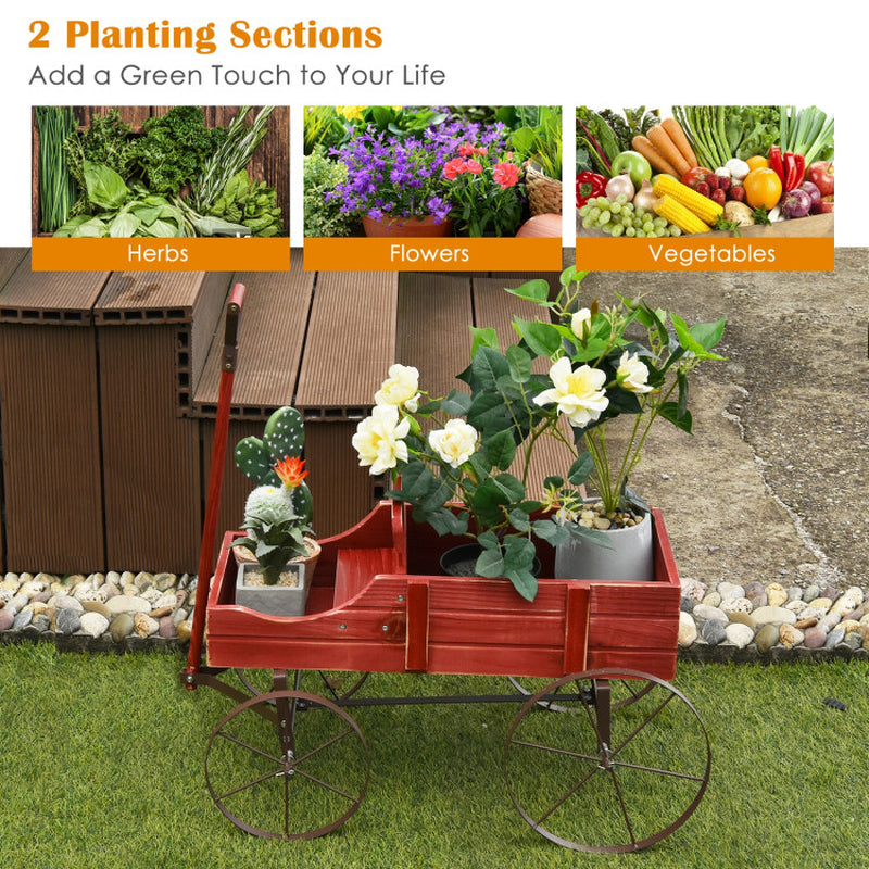 Wooden Wagon Plant Bed with Metal Wheels for Garden Yard Patio