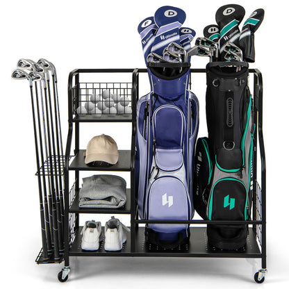 Golf Bag Organizer for 2 Golf Bags with Golf Clubs Rack and Lockable Wheels