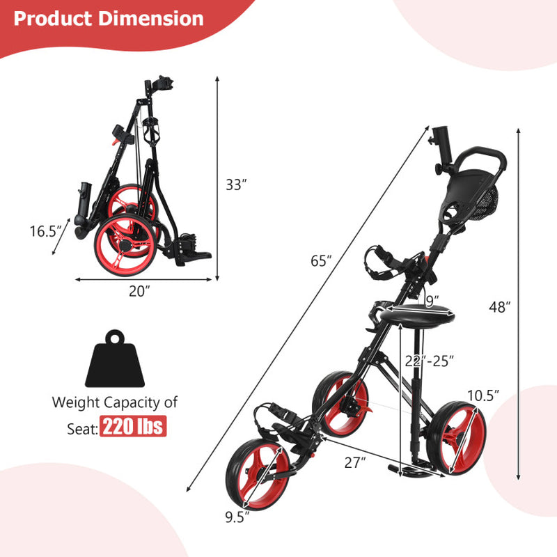 3 Wheel Folding Push Pull Golf Trolley with Scoreboard Bag