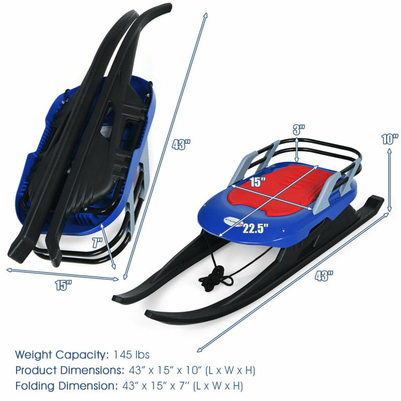 Folding Kids' Metal Snow Sled with Pull Rope Snow Slider and Leather Seat